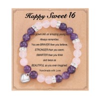 16 Birthday Gifts for Girls, Natural Stone Heart Bracelets for Daughter Granddaughter Niece Friend Sister HA006-Birth-16-PinkPurple