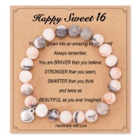 16 Birthday Gifts for Girls, Natural Stone Heart Bracelets for Daughter Granddaughter Niece Friend Sister HA006-Birth-16-Pink