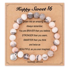 16 Birthday Gifts for Girls, Natural Stone Heart Bracelets for Daughter Granddaughter Niece Friend Sister HA006-Birth-16-Pink