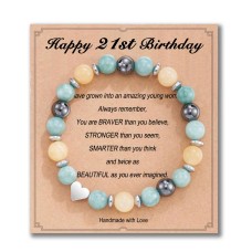 21 Birthday Gifts for Girls, Natural Stone Heart Bracelets for Daughter Granddaughter Niece Friend Sister HA006-Birth-21-GreenYelllow