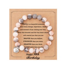 30 Birthday Gifts for Women, Natural Stone Heart Bracelets for Mom Auntie Wife Friend Sister HA006-Birth-30-Pink